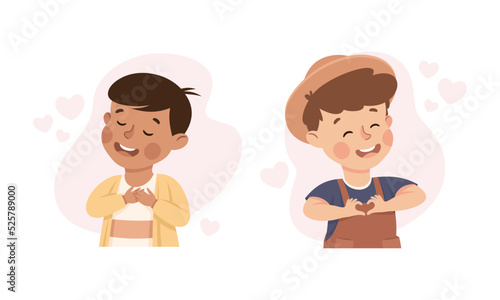 Happy kids love themselves. Boys holding hands on hest and making hand heart symbol with fingers. Self love, acceptance, self care, happiness concept cartoon vector illustration photo