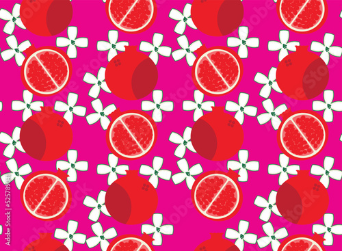 Vector Pomegranate Fruits and Flowers Abstract Seamless Pattern Trendy Fashion Colors Simple Elegant Design