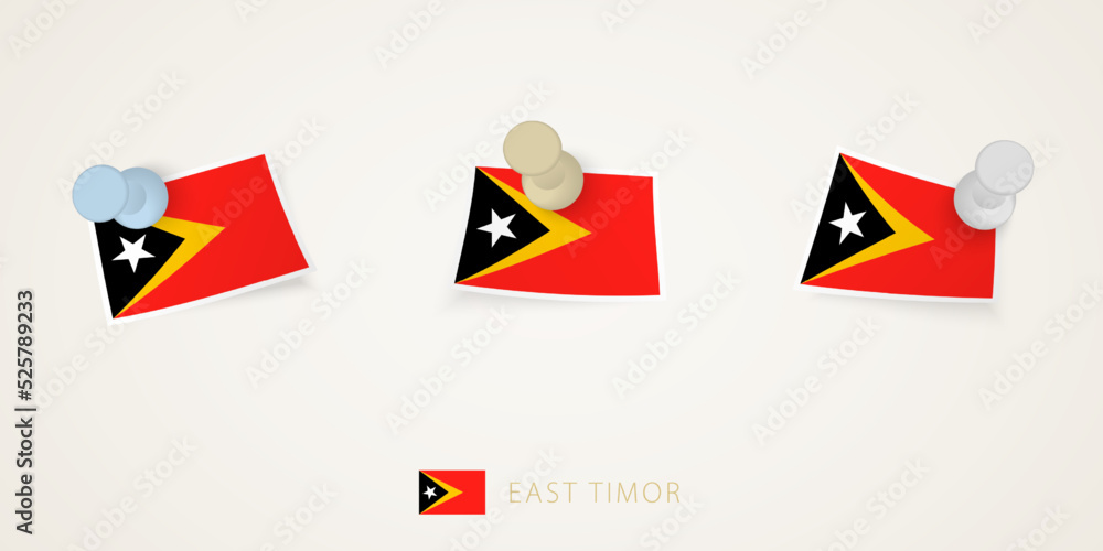 Pinned flag of East Timor in different shapes with twisted corners. Vector pushpins top view. Pinned flag of East Timor in different shapes with twisted corners. Vector pushpins top view.