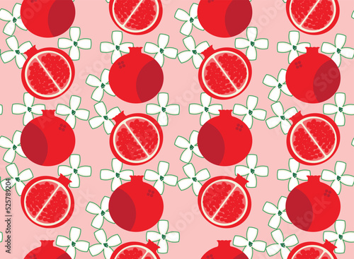 Vector Pomegranate Fruits and Flowers Abstract Seamless Pattern Trendy Fashion Colors Simple Elegant Design