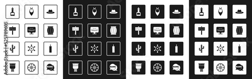 Set Western cowboy hat, Location, Road traffic signpost, Tabasco sauce, Gun powder barrel, Cowboy bandana, Dynamite bomb and Cactus icon. Vector