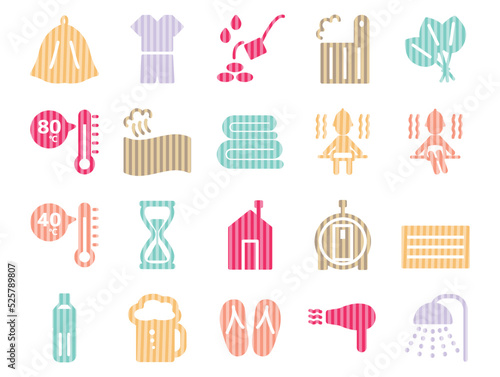 サウナ関連イラストのセット_ストライプ