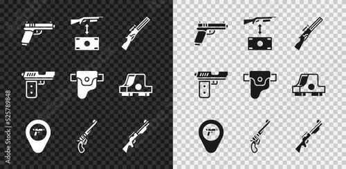 Set Pistol or gun, Buying assault rifle, Hunting, Location with weapon, Revolver, and Gun holster icon. Vector