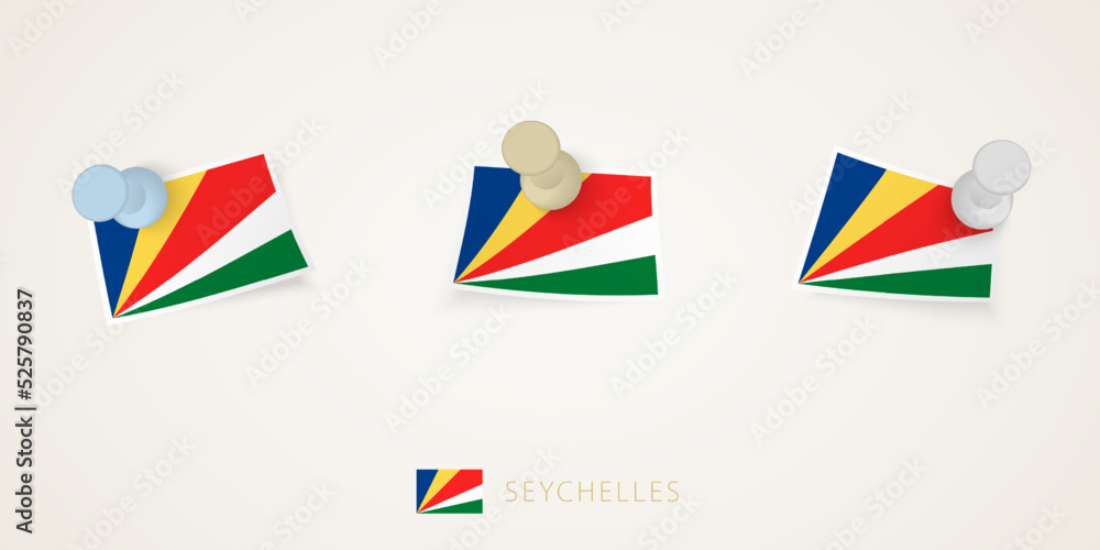 Pinned flag of Seychelles in different shapes with twisted corners. Vector pushpins top view. Pinned flag of Seychelles in different shapes with twisted corners. Vector pushpins top view.