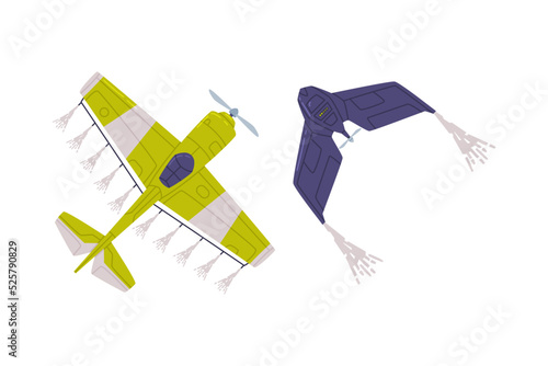 Set of modern agricultural airplanes. Aircrafts spraying pesticides and fertilizers, top view flat vector illustration