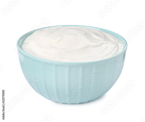 Bowl with delicious organic yogurt isolated on white