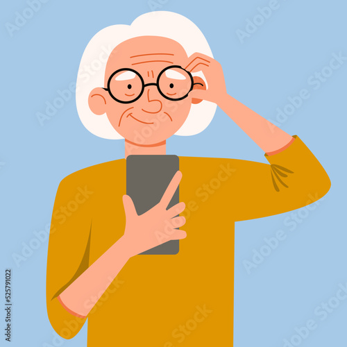 An elderly woman with glasses looks at her smartphone. The concept of vector illustration in a flat cartoon style.