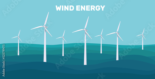Onshore wind farms. Green energy wind turbines on the sea, in the ocean. Wind turbines. Vector illustration. Clean energy. Save planet