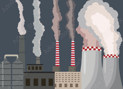 Air pollution. Industrial factory. exhaust gas contaminate urban atmosphere. Toxic smog.Fine dust, air pollution, industrial smog, pollutant gas emission. Vector illustration.