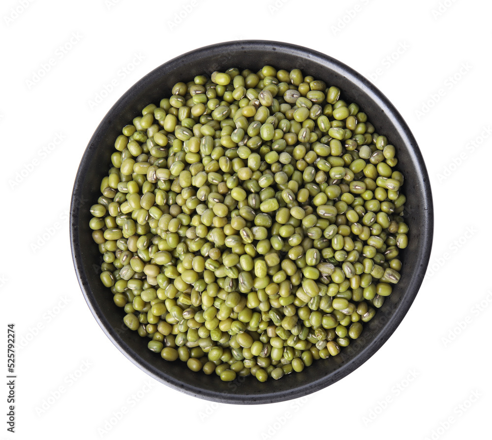 Bowl with green mung beans isolated on white, top view. Organic grains Bowl with green mung beans isolated on white, top view. Organic grains