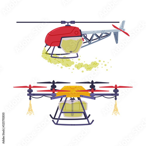 Agricultural aviation. Helicopter and drone spraying pesticides and fertilizers flat vector illustration