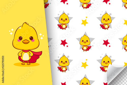 Cute hero duck cartoon character seamless pattern illustration