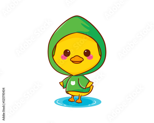 Cute little duck wear raincoat cartoon character isolated white background. Vector art illustration