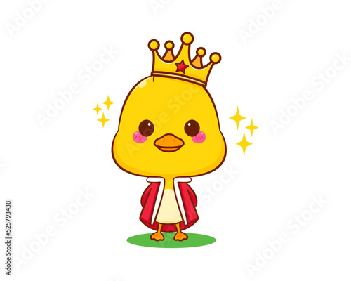 Cute little king duck with crown cartoon character isolated white background. Vector art illustration