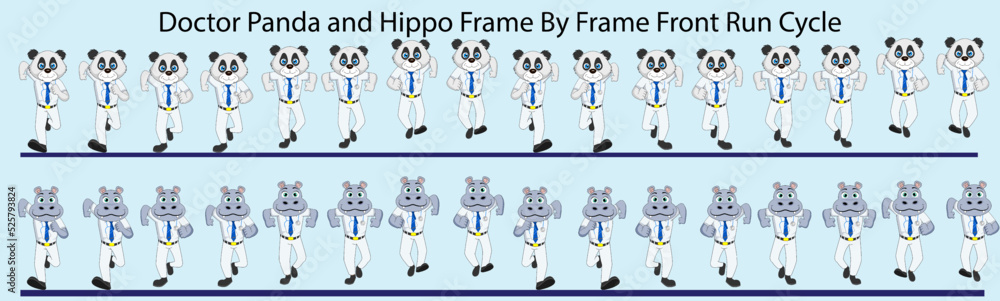 Doctor Panda and Hippo Frame by Frame Front Run Cycle Combo Vector Illustration. Design for Motion graphics, 2D Animation, Infographic, Pose Animation, Motion Poster Doctor Panda and Hippo Frame by Frame Front Run Cycle Combo Vector Illustration. Design for Motion graphics, 2D Animation, Infographic, Pose Animation, Motion Poster