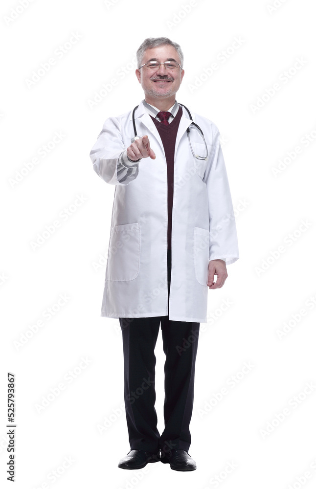 smiling doctor with a stethoscope pointing at you smiling doctor with a stethoscope pointing at you