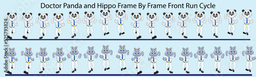 Doctor Panda and Hippo Frame by Frame Front Run Cycle Combo Vector Illustration. Design for Motion graphics, 2D Animation, Infographic, Pose Animation, Motion Poster