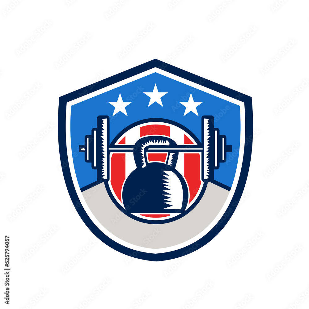 Kettlebell Hanging Barbell USA Flag Crest Retro Kettlebell Hanging Barbell USA Flag Crest Retro