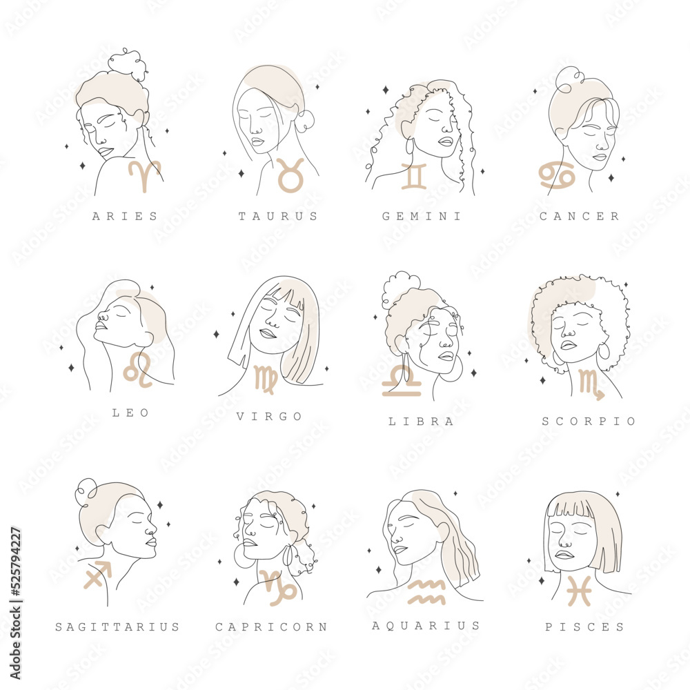 Zodiac signs collection. One line drawing. Astrological icons with abstract women faces. Mystery and esoteric outline logos. Horoscope symbols. Linear vector illustration in minimalist style.