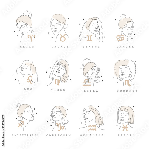 Zodiac signs collection. One line drawing. Astrological icons with abstract women faces. Mystery and esoteric outline logos. Horoscope symbols. Linear vector illustration in minimalist style.