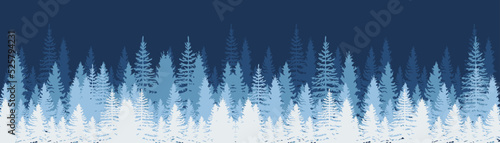 Christmas. Winter background. Winter Forest background. Pine trees forest landscape. Pine, spruce, christmas tree. Silhouette pine tree panorama view. Vector illustration