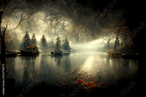 Mystery Deep Forest with River and Fog. Fantasy Backdrop. Concept Art. Realistic Illustration. Video Game Background. Digital Painting. CG Artwork. Scenery Artwork. Serious Painting. Book Illustration