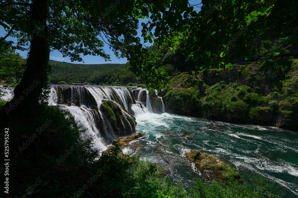Obraz premium a magnificent waterfall called strbacki buk on the beautifully clean and drinking Una river in Bosnia and Herzegovina in the middle of a forest.