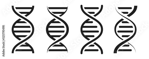 DNA genetic icon set. DNA structure molecule code. Helix chromosome black icons. Spiral gene pictogram. Vector illustration. 