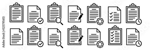 Clip board icons set with file document. Checklist on the clipboard. Paper test document with check mark, pencil, magnifier and gear. Notepad symbol. Vector illustration.