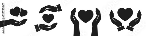 Hand with heart icon set. Hand holding heart icons. Human health medical pictogram. Care, save, donate symbols isolated on white background. Vector Illustration.