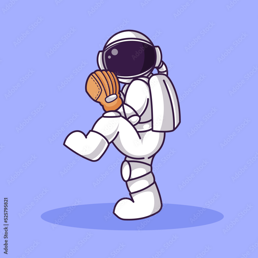 Astronaut playing baseball Cartoon Illustration Vector file. Isolated Premium Vector icon, every object is on separated layer. Flat Cartoon Style