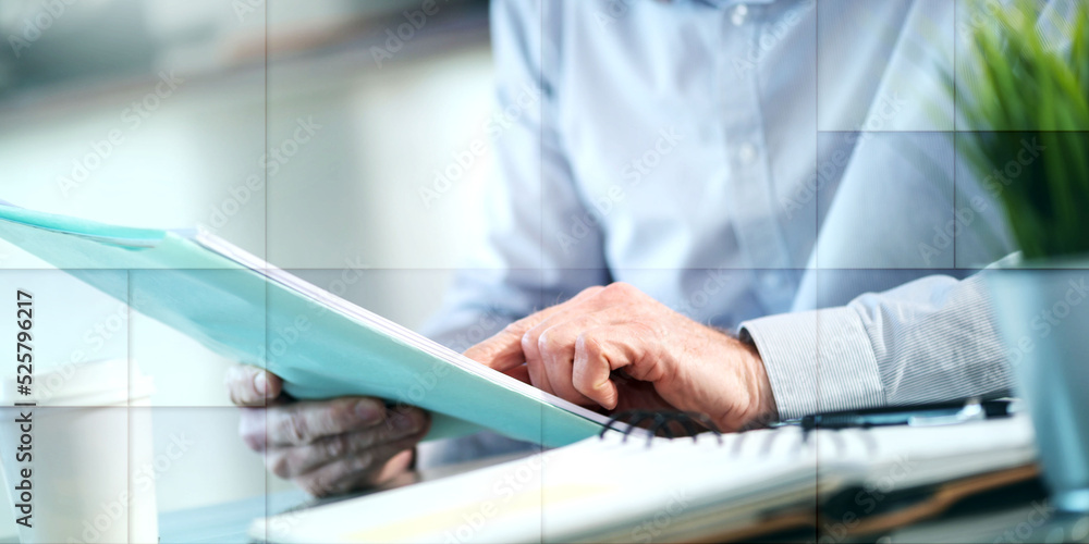 Businessman checking a document, geometric pattern Businessman checking a document, geometric pattern