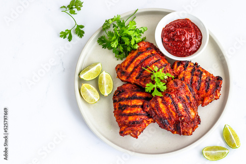 Grilled Chicken Breast with Condiment, Garnished with Cilantro and Lemon Top Down Photo