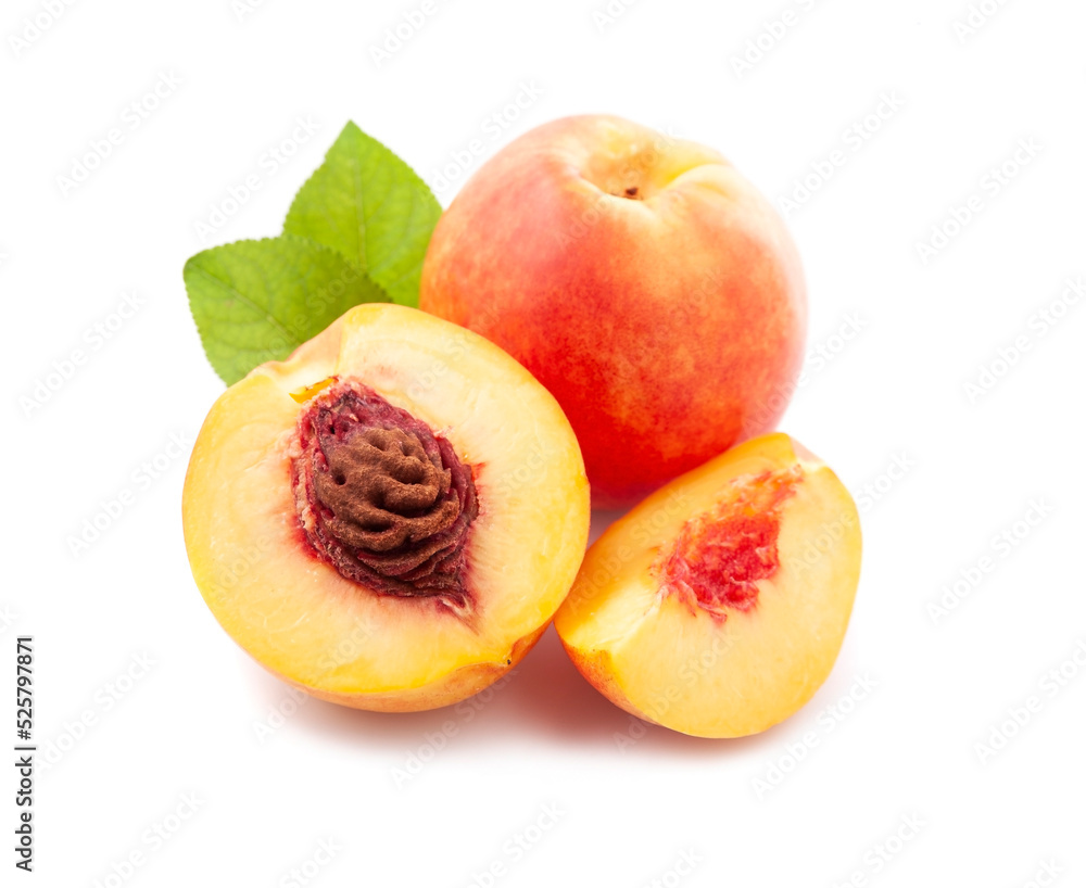 Sweet peach fruits isolated on white backgrounds. Sweet peach fruits isolated on white backgrounds.