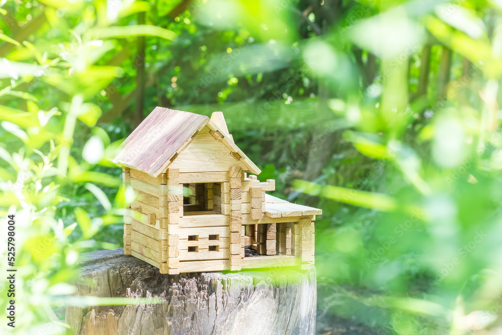 Toy wooden house in the sun. Model of a wooden house. Fairytale house on the background of nature. Toy wooden house in the sun. Model of a wooden house. Fairytale house on the background of nature.