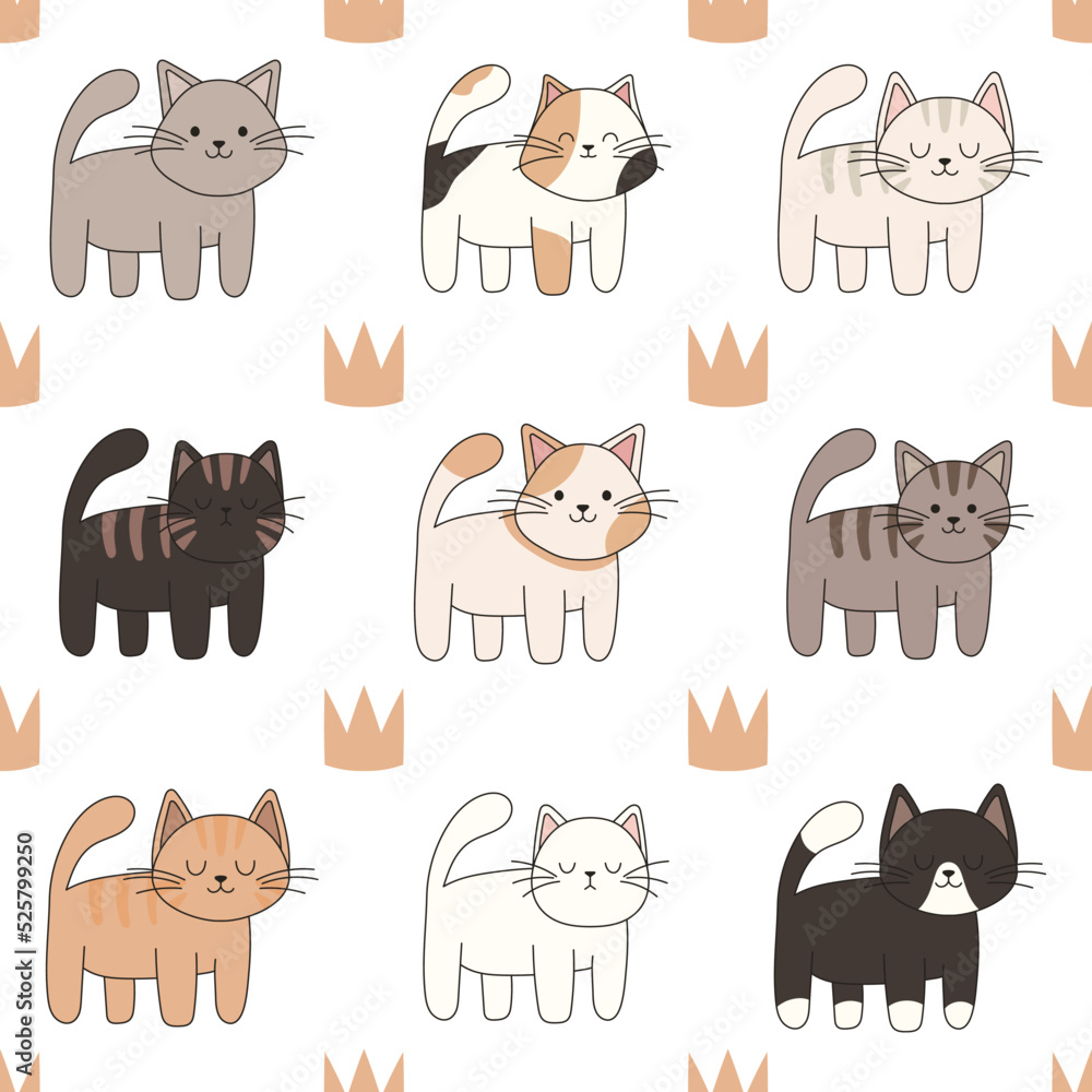 Fototapeta premium Seamless pattern hand drawn cute cats. Perfect for scrapbooking, greeting card, poster, sticker kit.