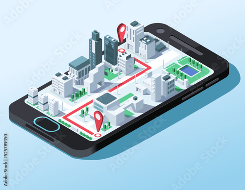 Navigator service application. 3d city map with isometric business center buildings. Taxi service digital technology. Location street point, red line route on screen smart phone. Vector illustration