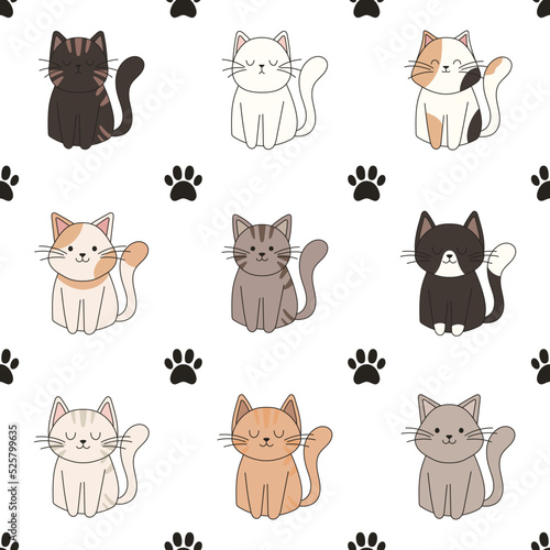 Fototapeta Naklejka Na Ścianę i Meble -  Seamless pattern hand drawn cute cats. Perfect for scrapbooking, greeting card, poster, sticker kit.