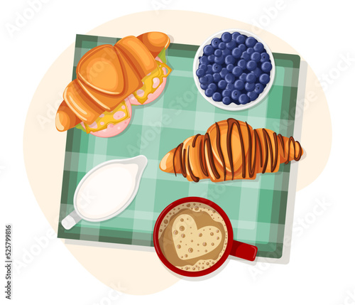 French breakfast with croissants topping chocolate and stuffing ham, cheese. Serving dish coffee with milk, cappuccino. Tasty portion of morning food menu in cafe and dive Isolated vector illustration