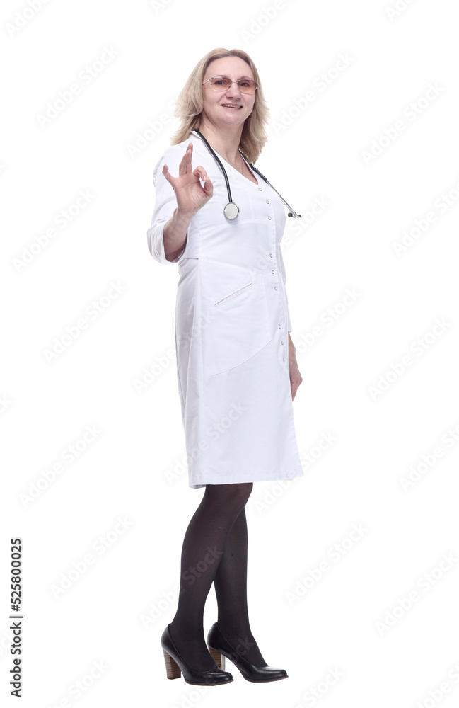 smiling female medic pointing at you. isolated on a white smiling female medic pointing at you. isolated on a white