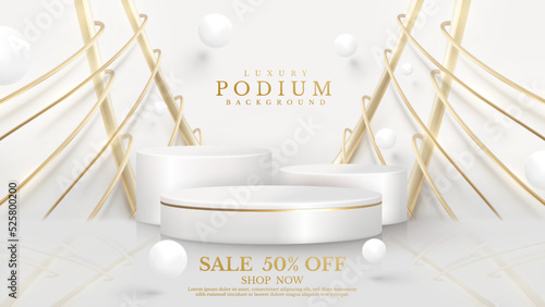Product display podium with golden curve line elements and ball with glitter light effect decoration. White luxury background.