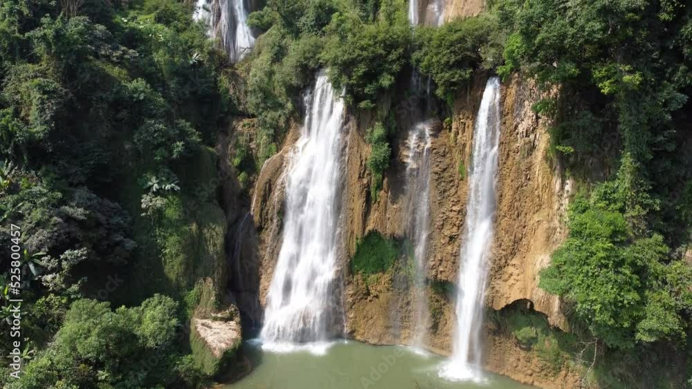 A pretty 4K drone shot of two of the waterfalls of Thi Lo Su Waterfall in the adventures jungle landscape of North Thailand, located in the area of Umphang in Asia A pretty 4K drone shot of two of the waterfalls of Thi Lo Su Waterfall in the adventures jungle landscape of North Thailand, located in the area of Umphang in Asia