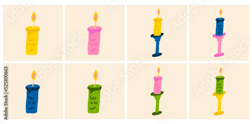 Cute hand-drawn set of vector illustrations with candles and candlestick. Square birthday card, holiday, greeting card. Social media images. 