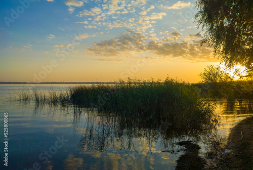 Fototapeta Naklejka Na Ścianę i Meble -  Morning sunrise on a forest lake. Beautiful summer autumn landscape. Calm background