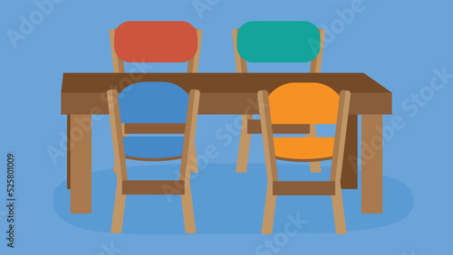 Dining table and four chairs with colorful backs