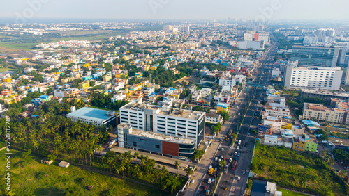 Aerial Photography Drone photography of Chennai and the suburbs in Tamil Nadu India; River bed landscape images of villages; Beach aerial view