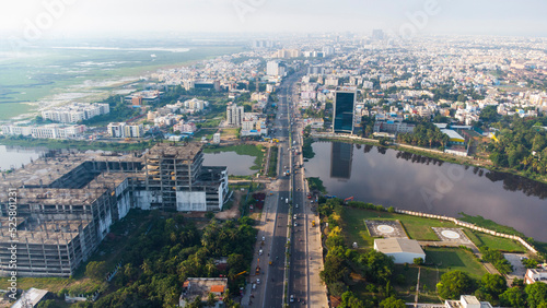 Aerial Photography Drone photography of Chennai and the suburbs in Tamil Nadu India; River bed landscape images of villages; Beach aerial view