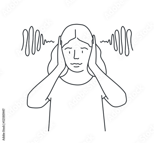 Stressed woman suffer from loud noise.
