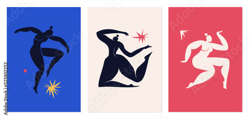 A set of posters, postcards inspired by Matisse. Cutout silhouette of dancing women. Collage in the style of Henri Matisse modern abstract vertical.