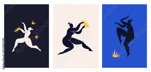A set of posters, postcards inspired by Matisse. Cutout silhouette of dancing women. Collage in the style of Henri Matisse modern abstract vertical.